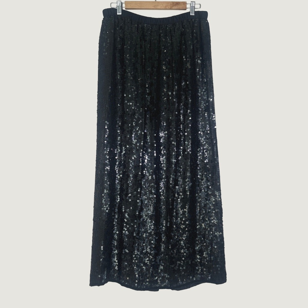 Laurence Kazar Sequin Silk Maxi Skirt Large Black Beaded Formal Vintage Gothic - Picture 1 of 9